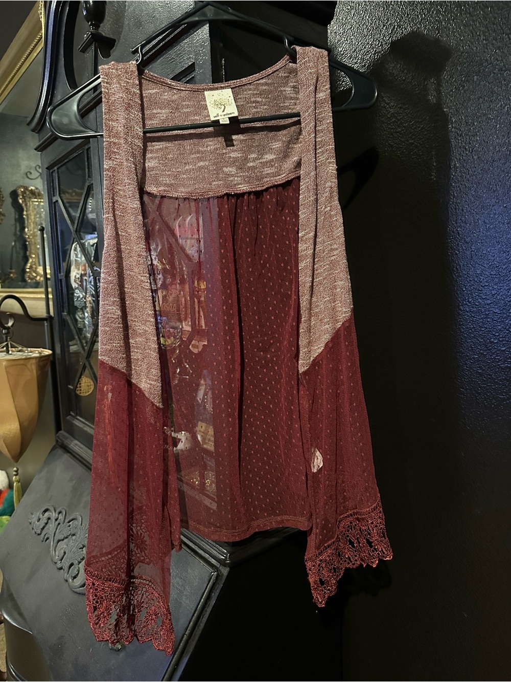 Self Esteem Burgundy Lace-Trim Sleeveless Cardigan Vest